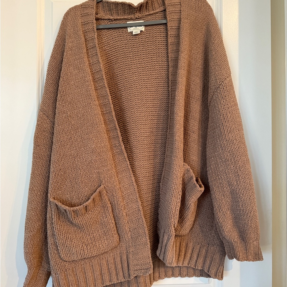 American Eagle Outfitters Ribbed Open-Front Cardigan in Mauve Brown